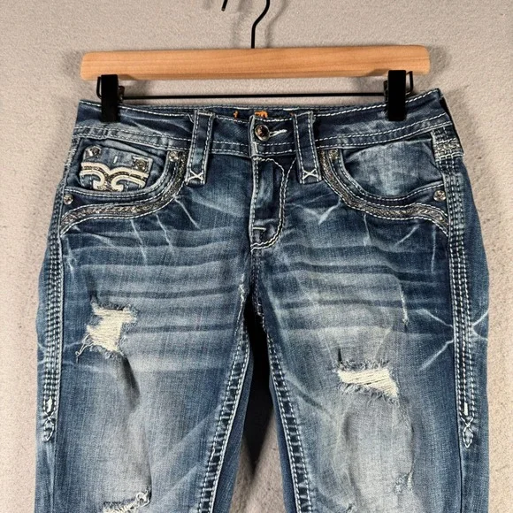 Rock Revival Darcey C204 Distressed Crop Jeans Medium Wash Sequin Size 26 - Picture 3 of 14